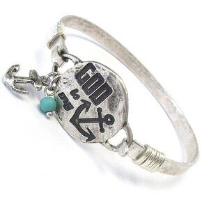 Ladies Turquoise Bead Charm Silver Tone God is My Anchor Bangle Pearl Bracelet